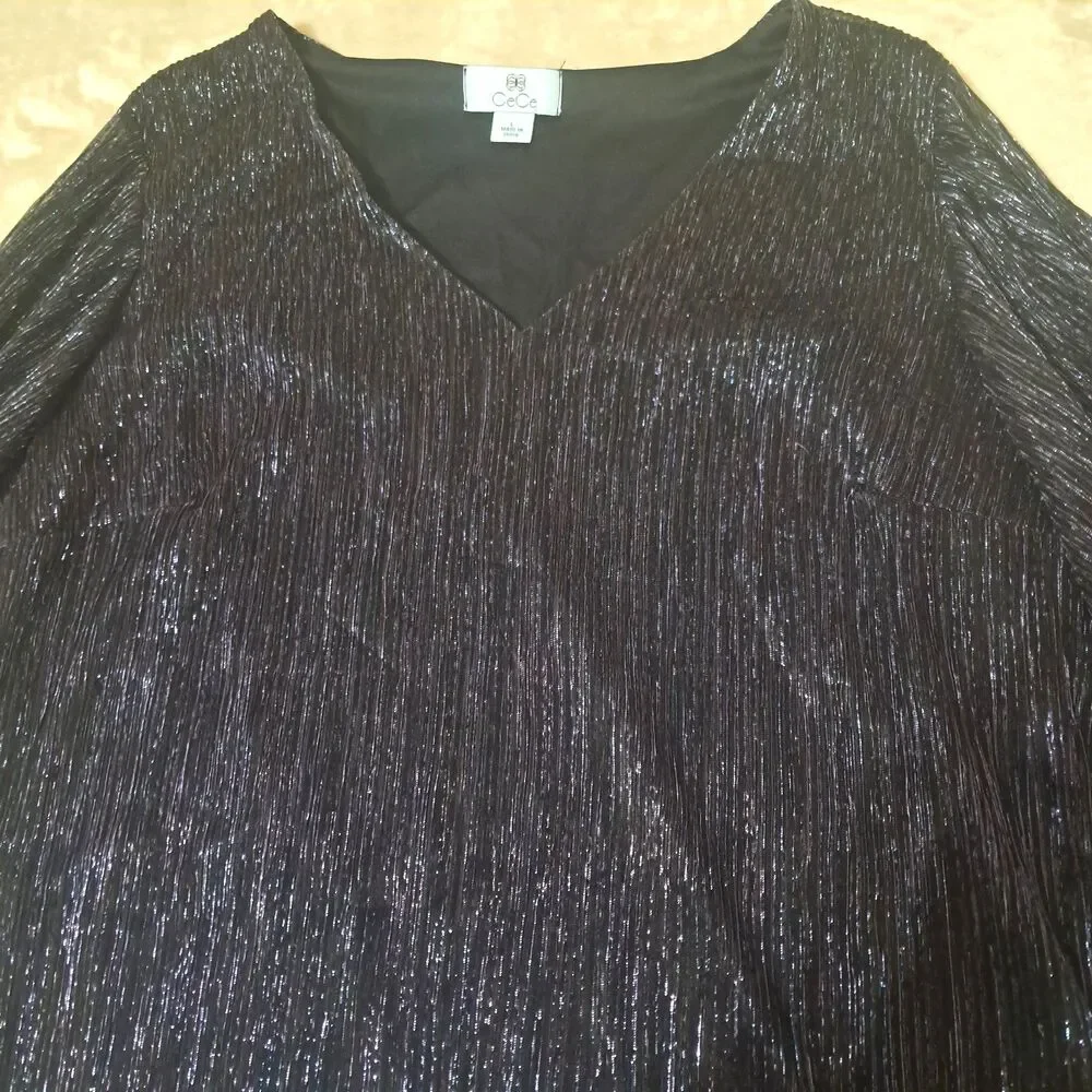 CeCe Womens Navy Blue Metallic Shimmer Blouse Large V Neck Long Sleeve Dress Top